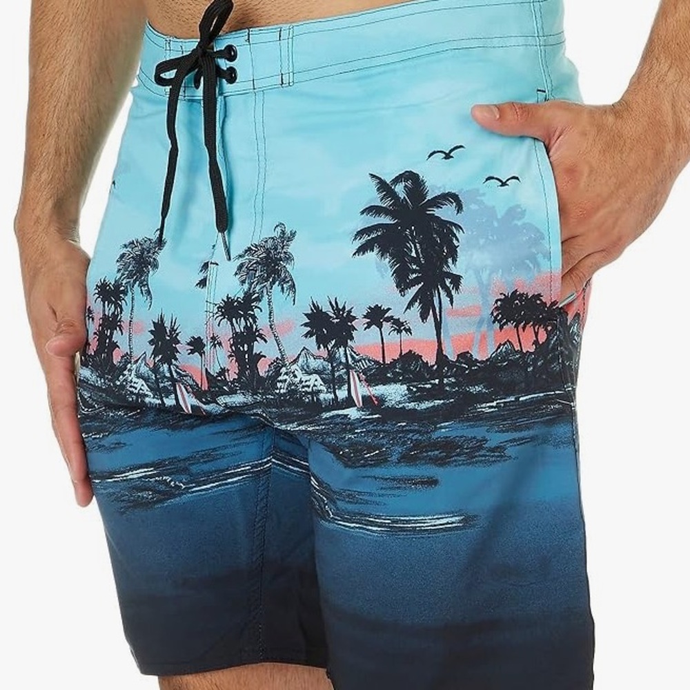 Burnside Men's Aqua Scenic Stretch Swim Board Shorts NWT